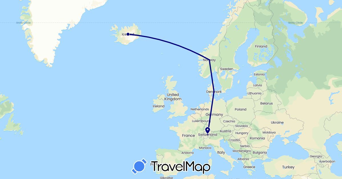 TravelMap itinerary: driving in Switzerland, Denmark, Iceland, Norway (Europe)